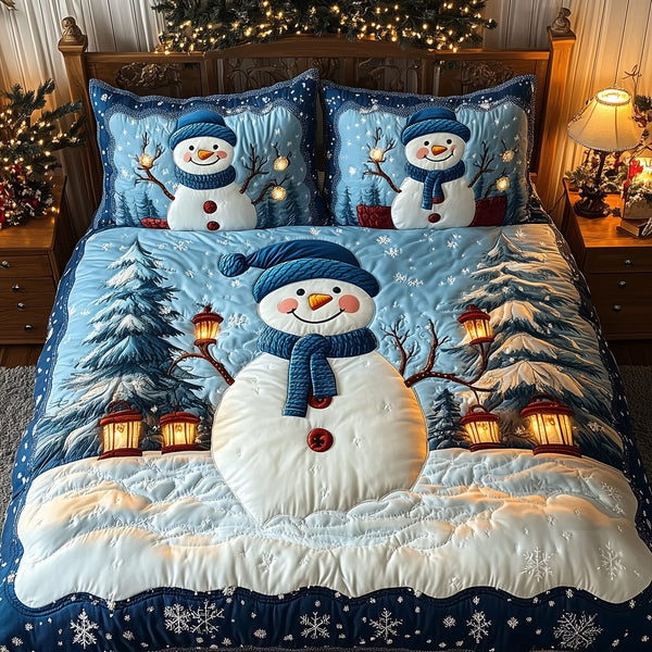 Happy Snowman quilted 3-piece bedding set on a made bed in a winter-styled bedroom