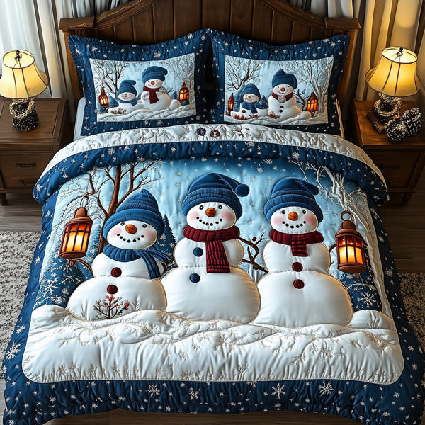 Happy Snowman quilted 3-piece bedding set on a made bed in a winter-styled bedroom