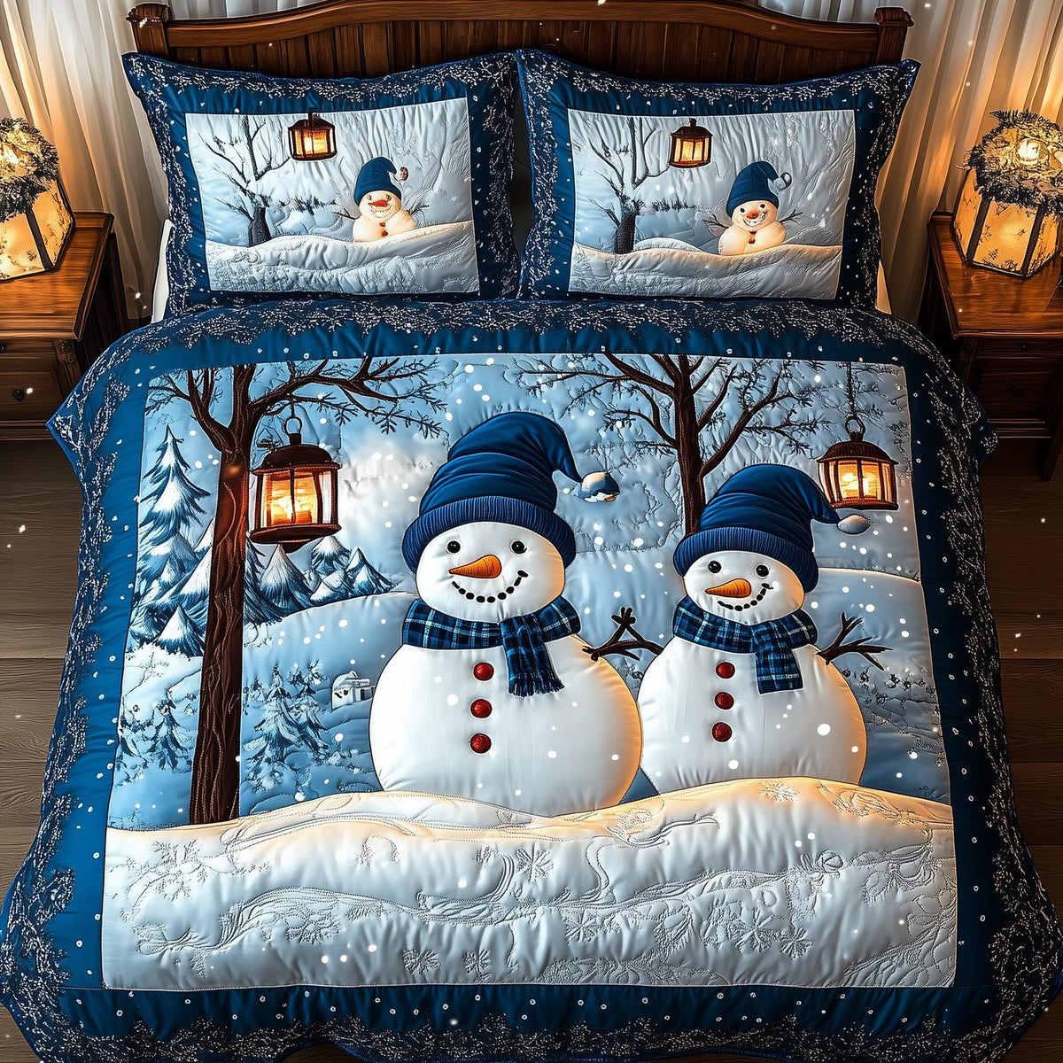Happy Snowman quilted 3-piece bedding set on a made bed in a winter-styled bedroom