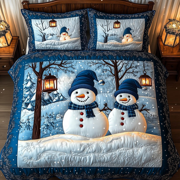 Happy Snowman quilted 3-piece bedding set on a made bed in a winter-styled bedroom