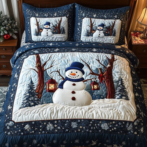 Happy Snowman quilted 3-piece bedding set on a made bed in a winter-styled bedroom