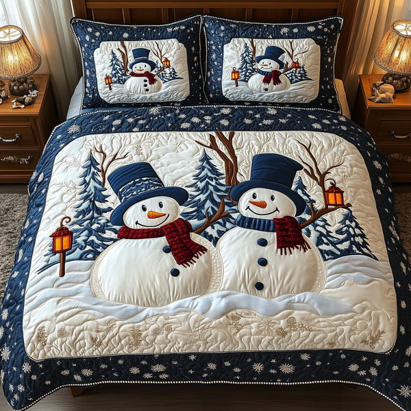 Happy Snowman quilted 3-piece bedding set on a made bed in a winter-styled bedroom