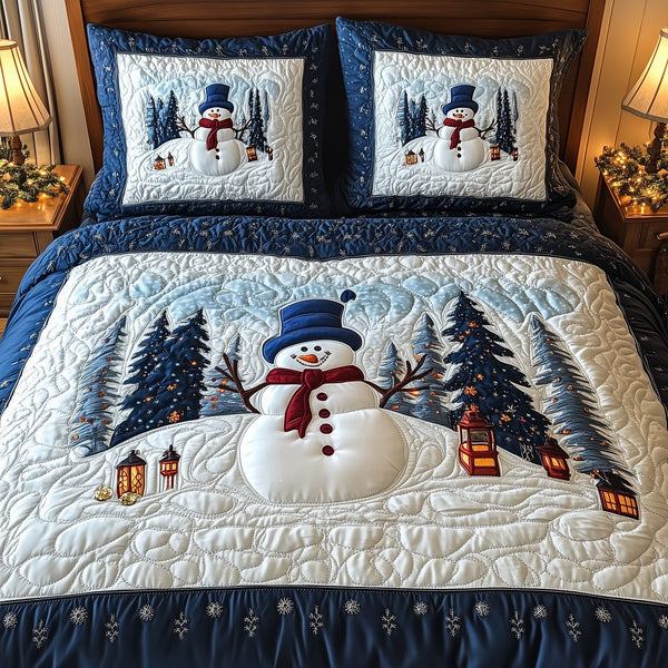 Happy Snowman quilted 3-piece bedding set on a made bed in a winter-styled bedroom