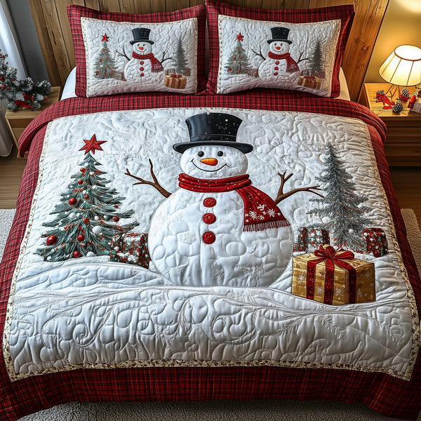 Happy Snowman quilted 3-piece bedding set on a made bed in a winter-styled bedroom