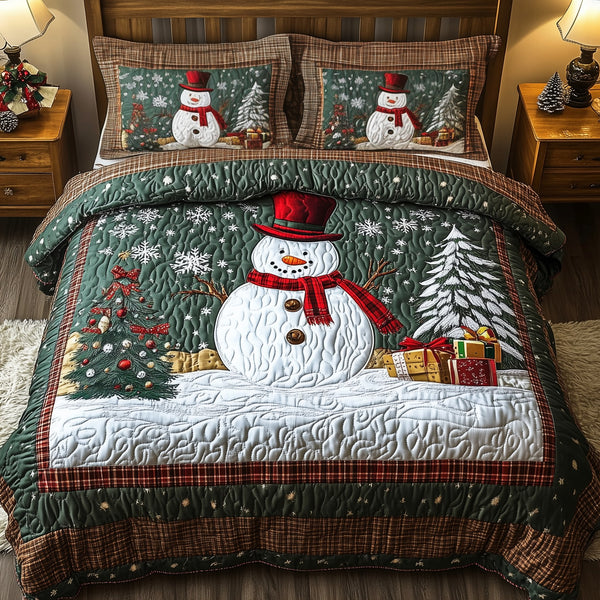 Happy Snowman quilted 3-piece bedding set on a made bed in a winter-styled bedroom
