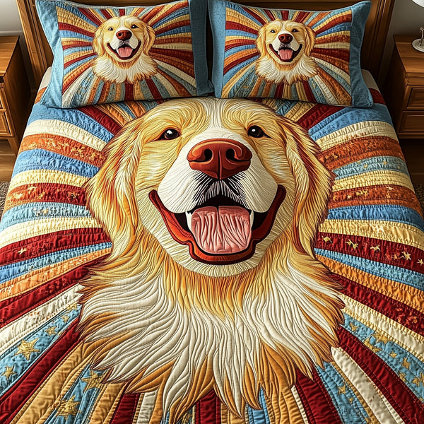 Happy Sunshine Golden Retriever quilted 3-piece bedding set on a made bed with two matching pillow shams