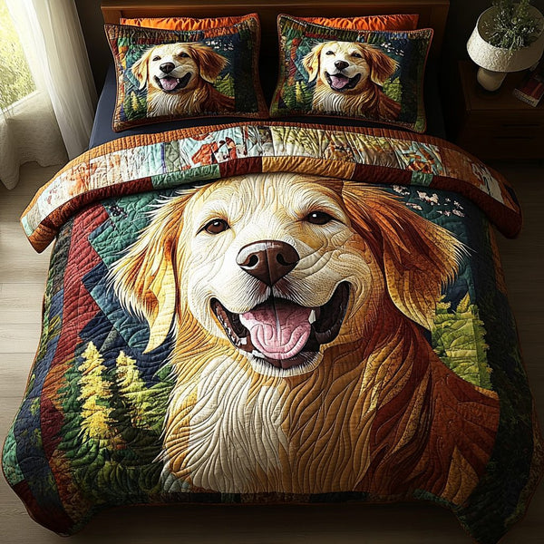 Happy Tail quilted 3-piece bedding set on a made bed with two matching pillow shams