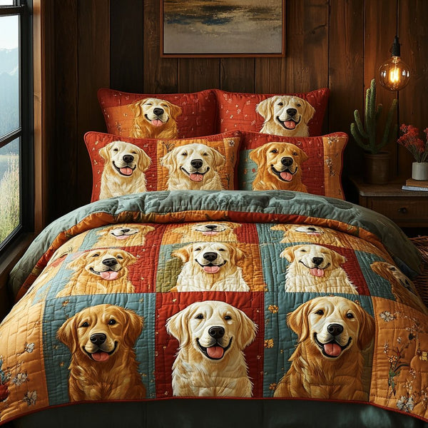 Happy Tail quilted 3-piece bedding set on a made bed with two matching pillow shams