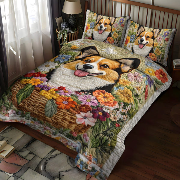 Happy Tails quilted 3-piece bedding set on a made bed with two matching pillow shams