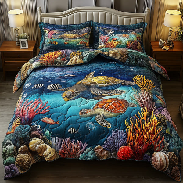 Happy Together Turtle quilted 3-piece bedding set on a made bed in a light coastal bedroom
