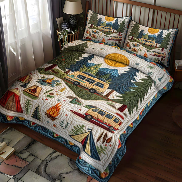 Happy Trails quilted 3-piece bedding set on a made bed with two matching pillow shams
