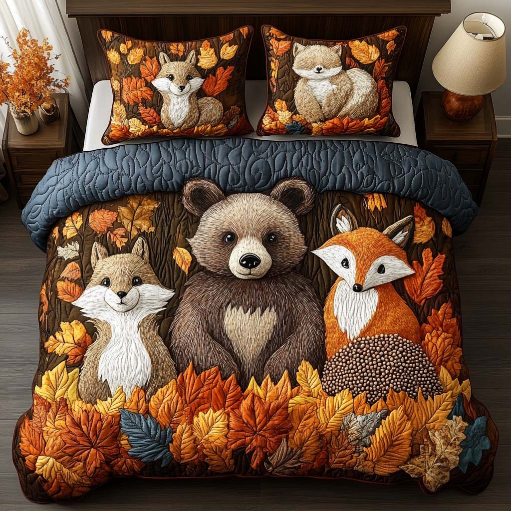 Happy Woodland Path quilted 3-piece bedding set on a made bed with two matching pillow shams
