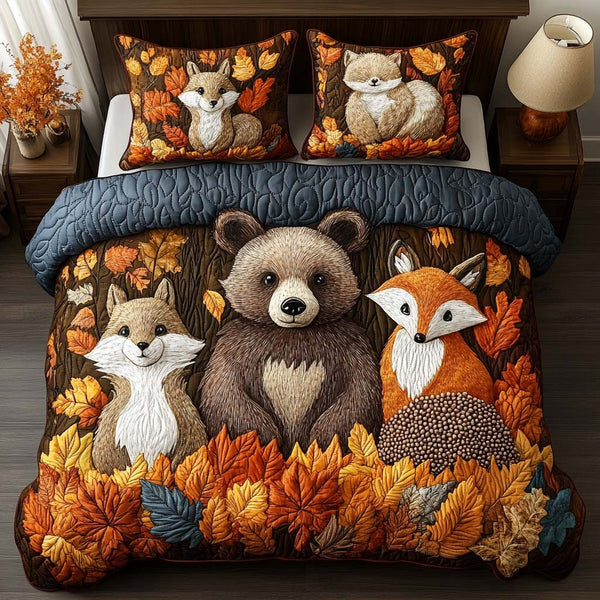 Happy Woodland Path quilted 3-piece bedding set on a made bed with two matching pillow shams