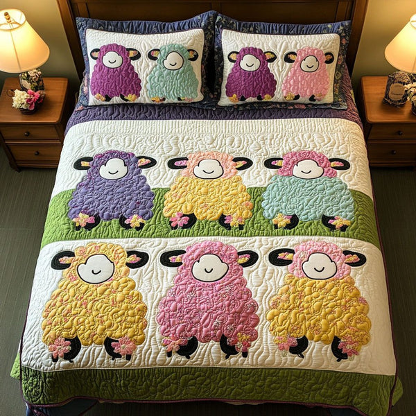 Happy Wooly Friends quilted 3-piece bedding set on a made bed with two matching pillow shams