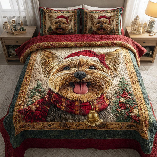Happy Yorkshire Terrier quilted 3-piece bedding set on a made bed with two matching pillow shams