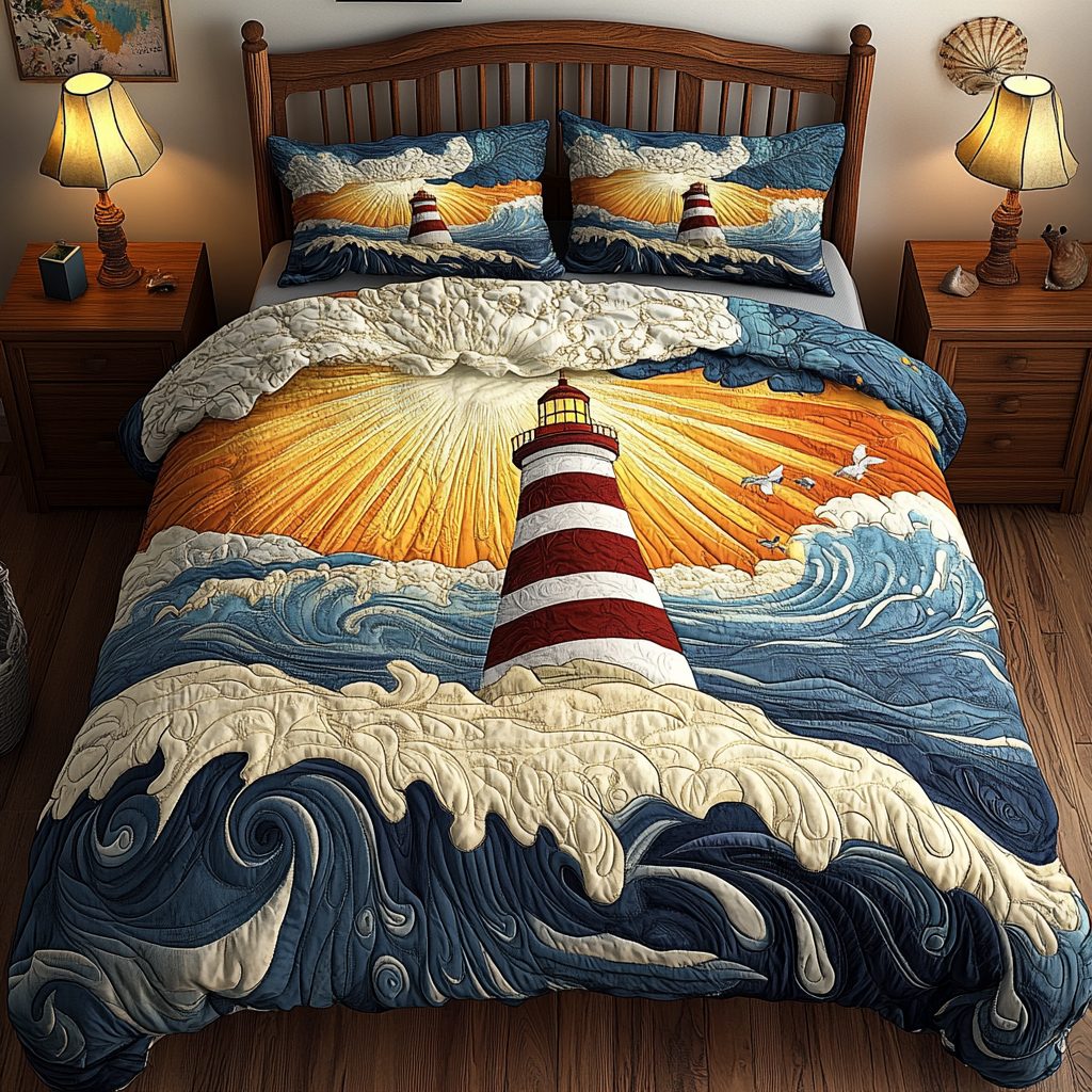 Harbor Beacon quilted 3-piece bedding set on a made bed in a light coastal bedroom