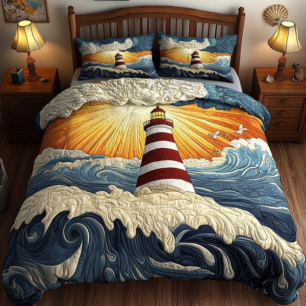 Harbor Beacon quilted 3-piece bedding set on a made bed in a light coastal bedroom