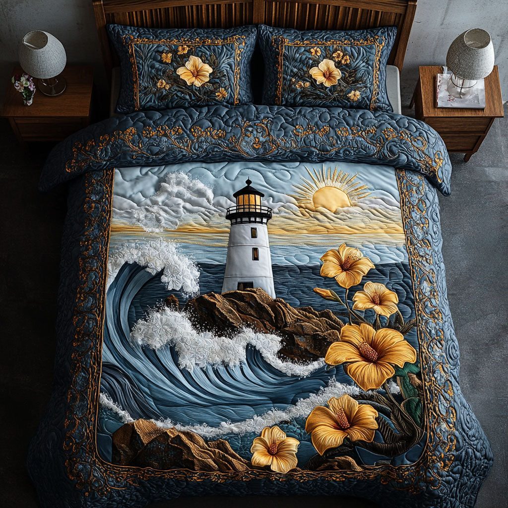 Harbor Bloom quilted 3-piece bedding set on a made bed in a light coastal bedroom