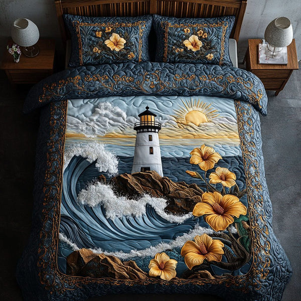 Harbor Bloom quilted 3-piece bedding set on a made bed in a light coastal bedroom