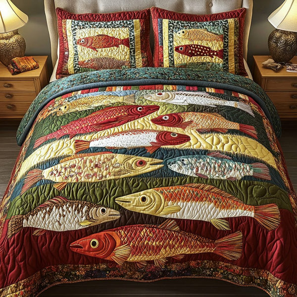 Harbor Charm quilted 3-piece bedding set on a made bed in a light coastal bedroom