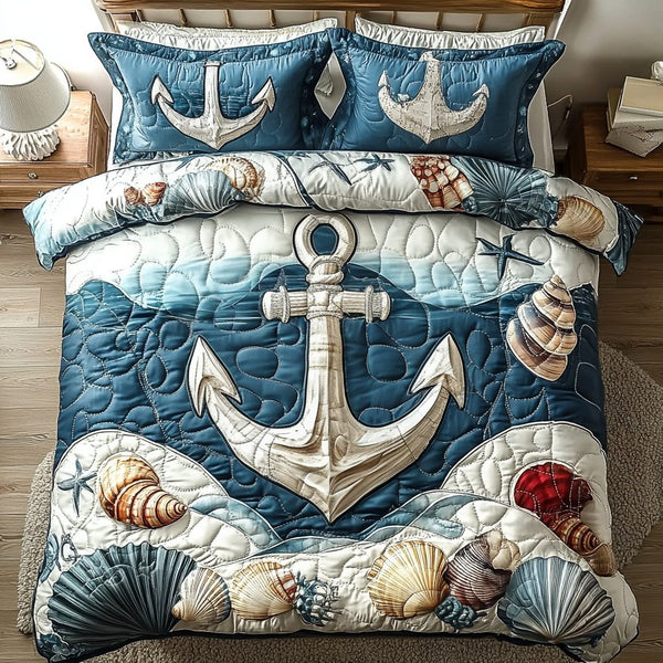 Harbor Comfort quilted 3-piece bedding set on a made bed in a light coastal bedroom