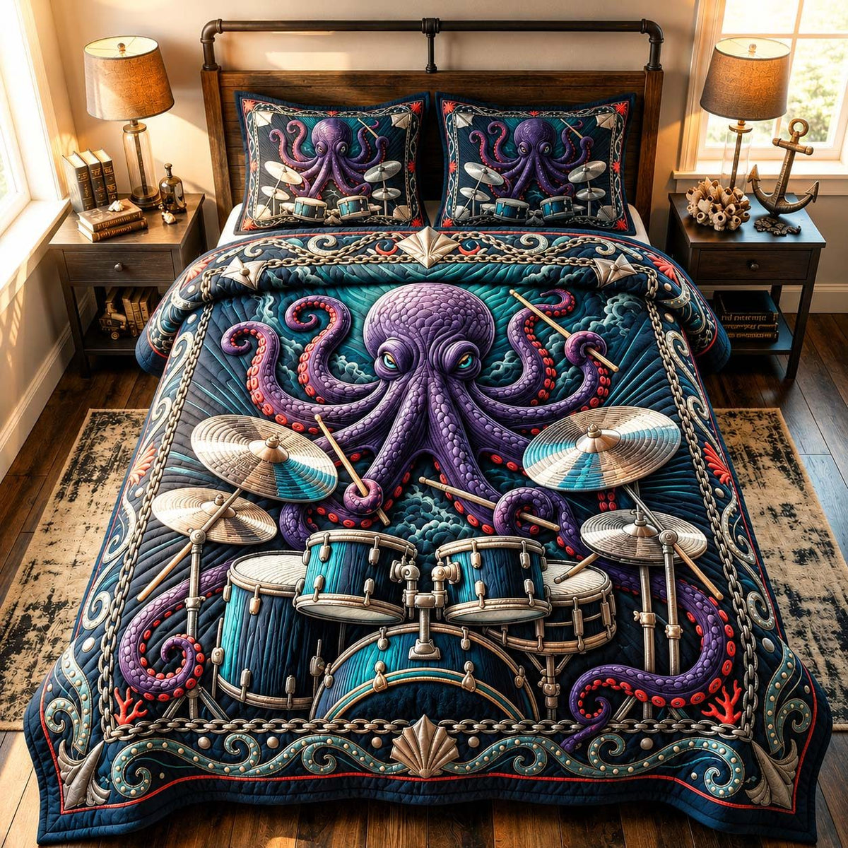 Harbor Drum Octopus quilted 3-piece bedding set on a made bed in a light coastal bedroom