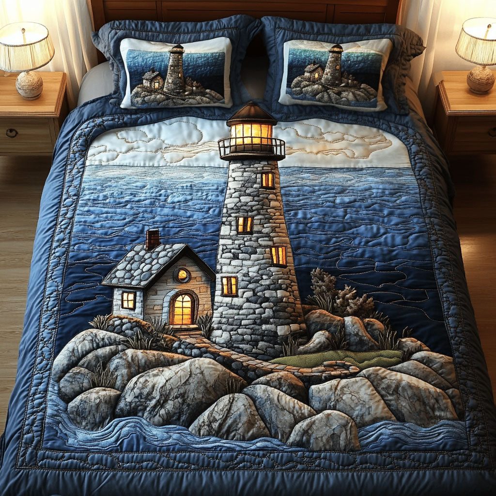 Harbor Glow quilted 3-piece bedding set on a made bed in a light coastal bedroom