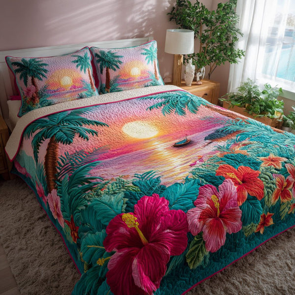 Harbor Glow quilted 3-piece bedding set on a made bed in a light coastal bedroom
