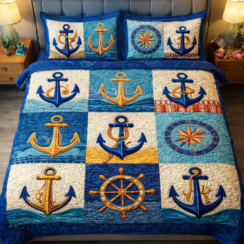 Harbor Icons quilted 3-piece bedding set on a made bed in a light coastal bedroom