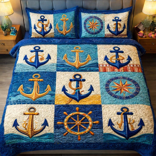 Harbor Icons quilted 3-piece bedding set on a made bed in a light coastal bedroom