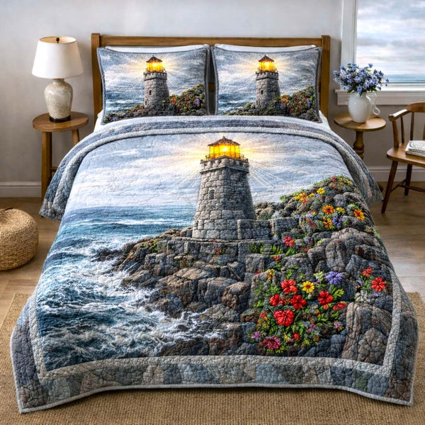 Harbor Light quilted 3-piece bedding set on a made bed in a light coastal bedroom