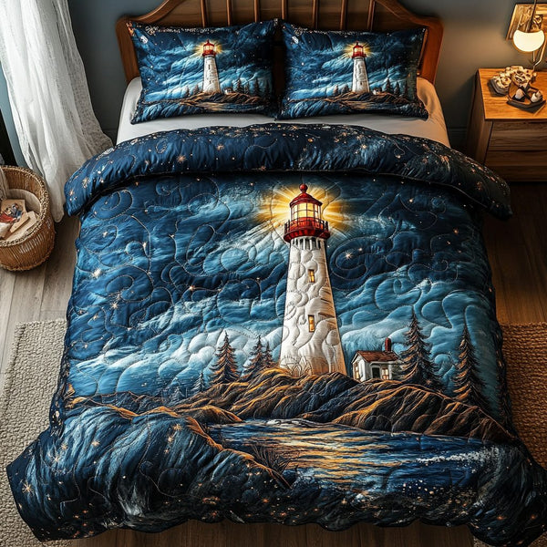 Harbor Light quilted 3-piece bedding set on a made bed in a light coastal bedroom