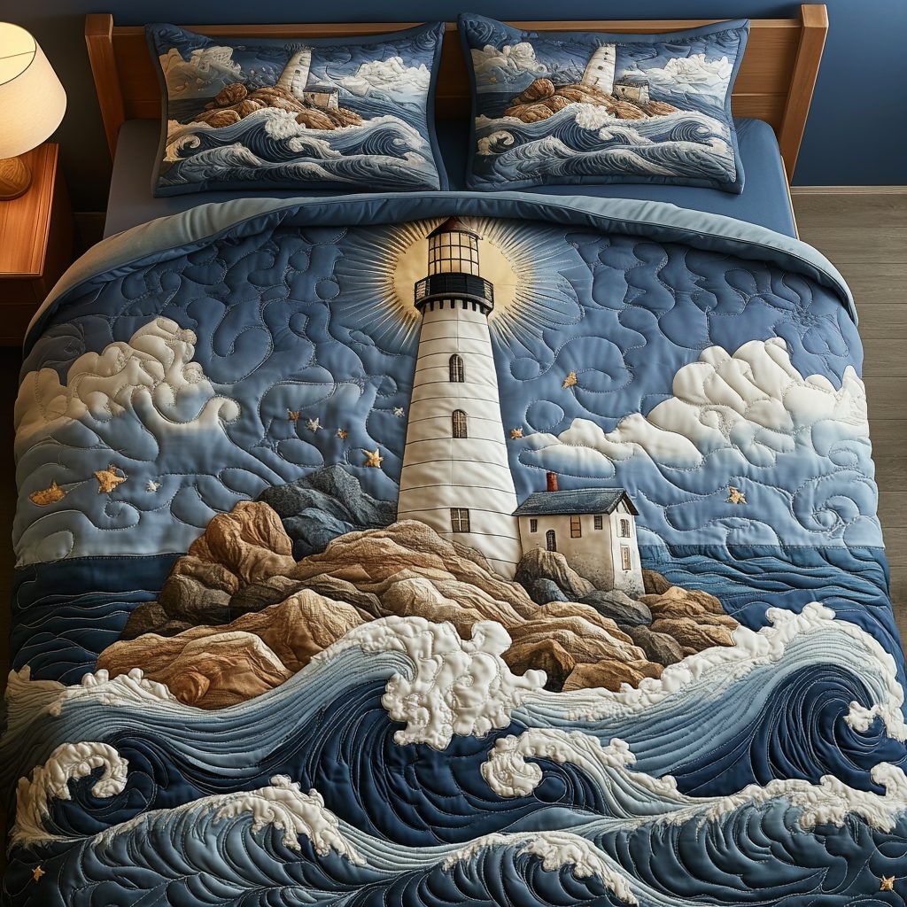 Harbor Light quilted 3-piece bedding set on a made bed in a light coastal bedroom