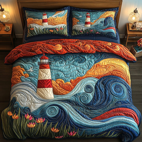 Harbor Light quilted 3-piece bedding set on a made bed in a light coastal bedroom