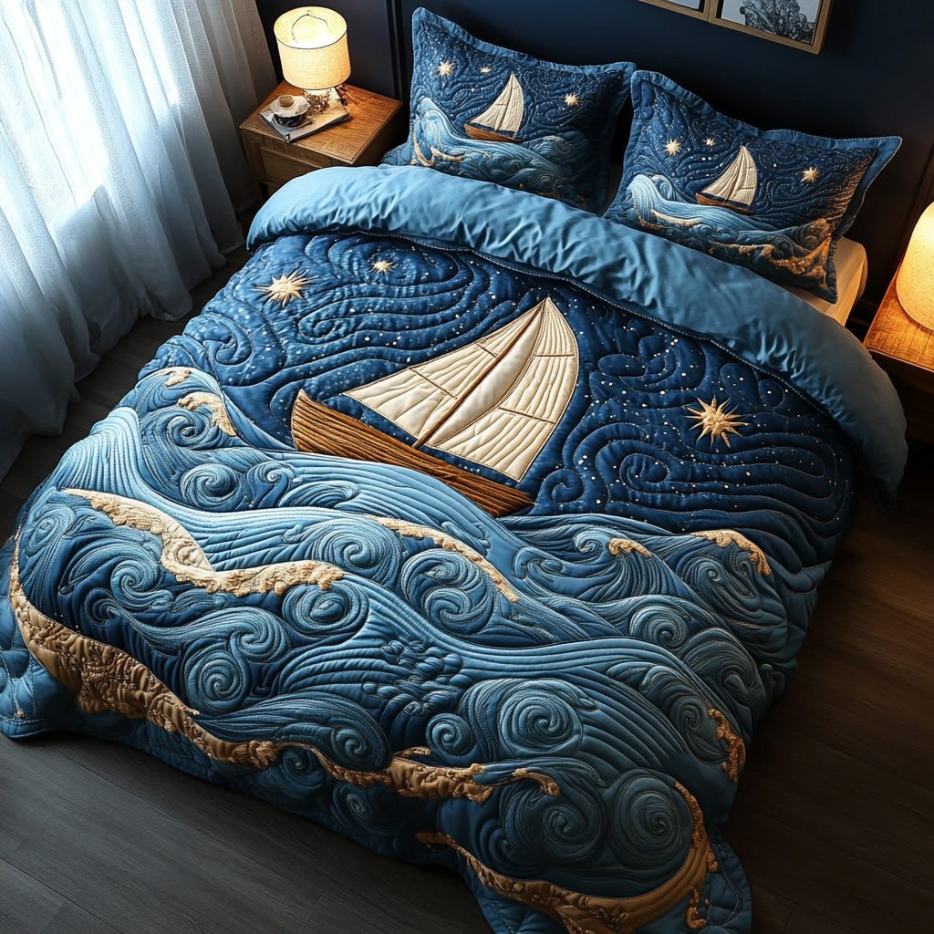Harbor Light quilted 3-piece bedding set on a made bed in a light coastal bedroom