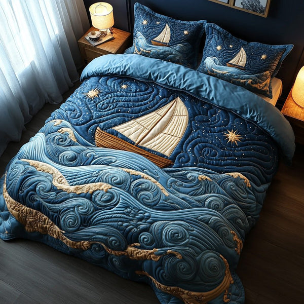 Harbor Light quilted 3-piece bedding set on a made bed in a light coastal bedroom
