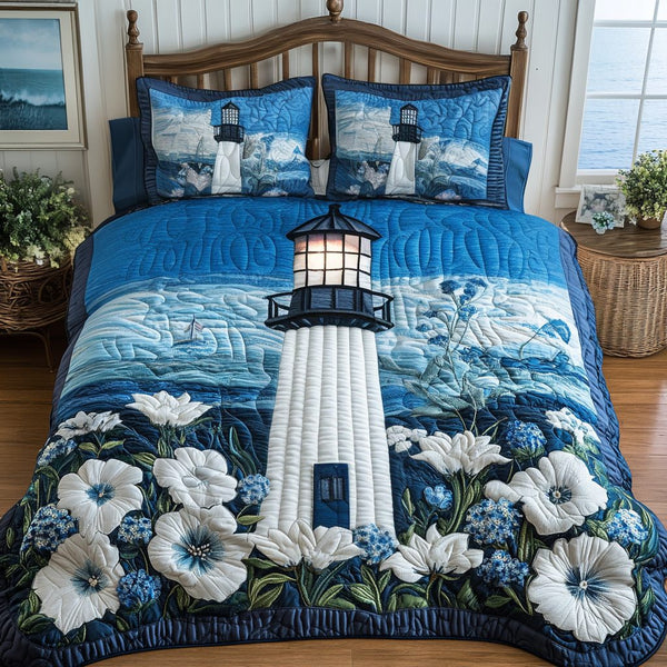 Harbor Light quilted 3-piece bedding set on a made bed in a light coastal bedroom
