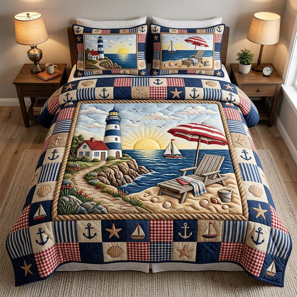 Harbor Nautical Charm quilted 3-piece bedding set on a made bed in a light coastal bedroom