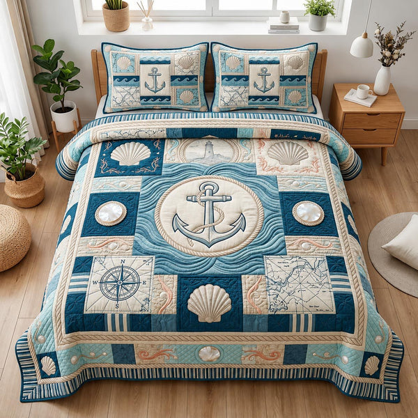Harbor Nights quilted 3-piece bedding set on a made bed in a light coastal bedroom