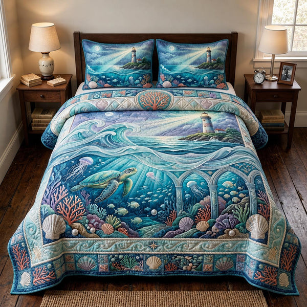 Harbor Nights quilted 3-piece bedding set on a made bed in a light coastal bedroom