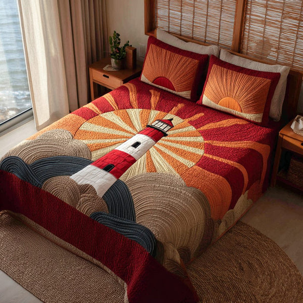 Harbor Rise quilted 3-piece bedding set on a made bed in a light coastal bedroom