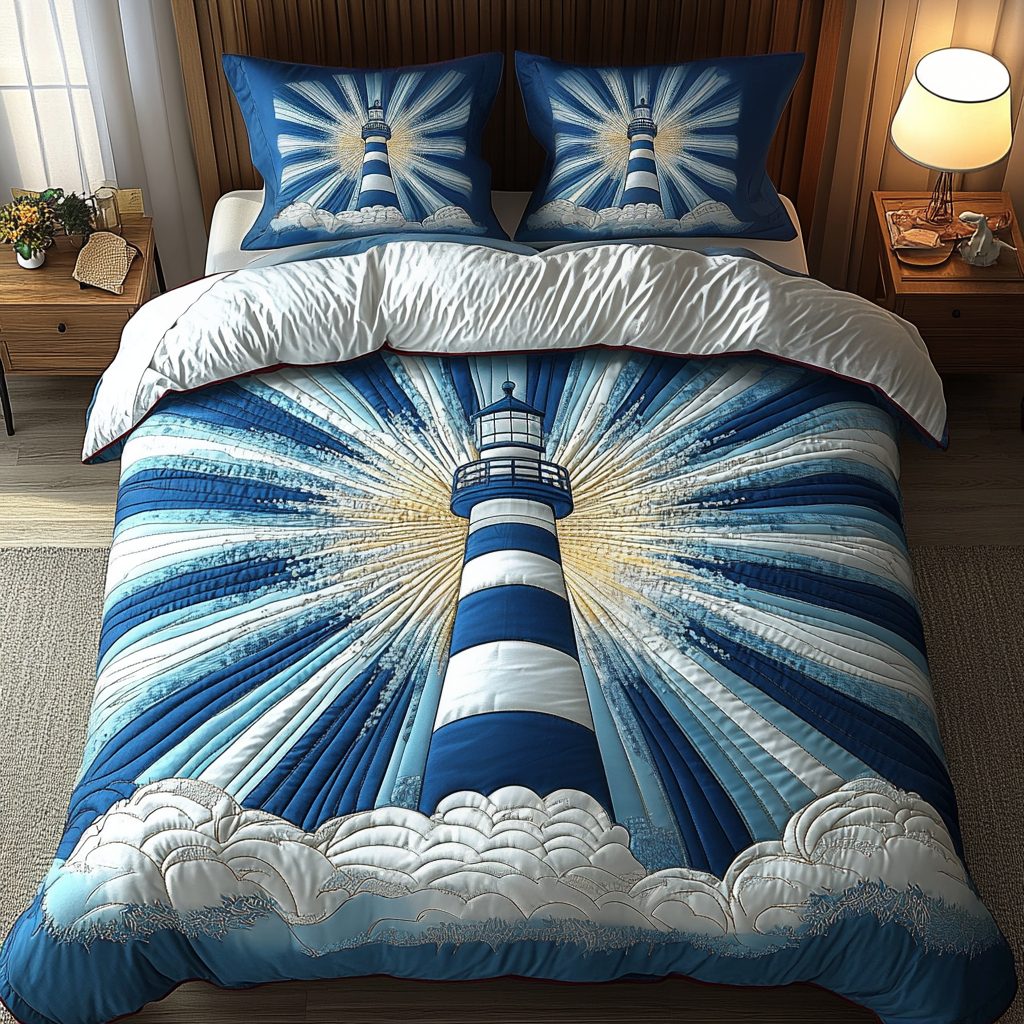 Harbor Shine quilted 3-piece bedding set on a made bed in a light coastal bedroom