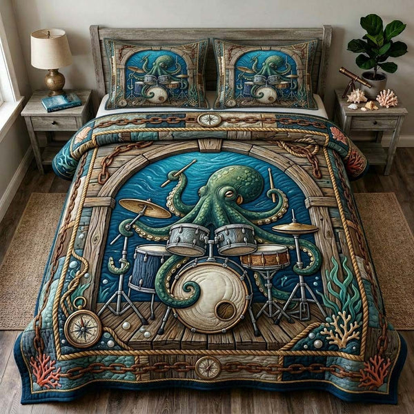 Harbor Stage Octopus quilted 3-piece bedding set on a made bed in a light coastal bedroom