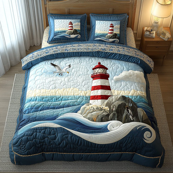 Harbor View quilted 3-piece bedding set on a made bed in a light coastal bedroom