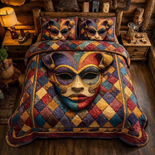 Harlequin Face quilted 3-piece bedding set on a made bed with two matching pillow shams
