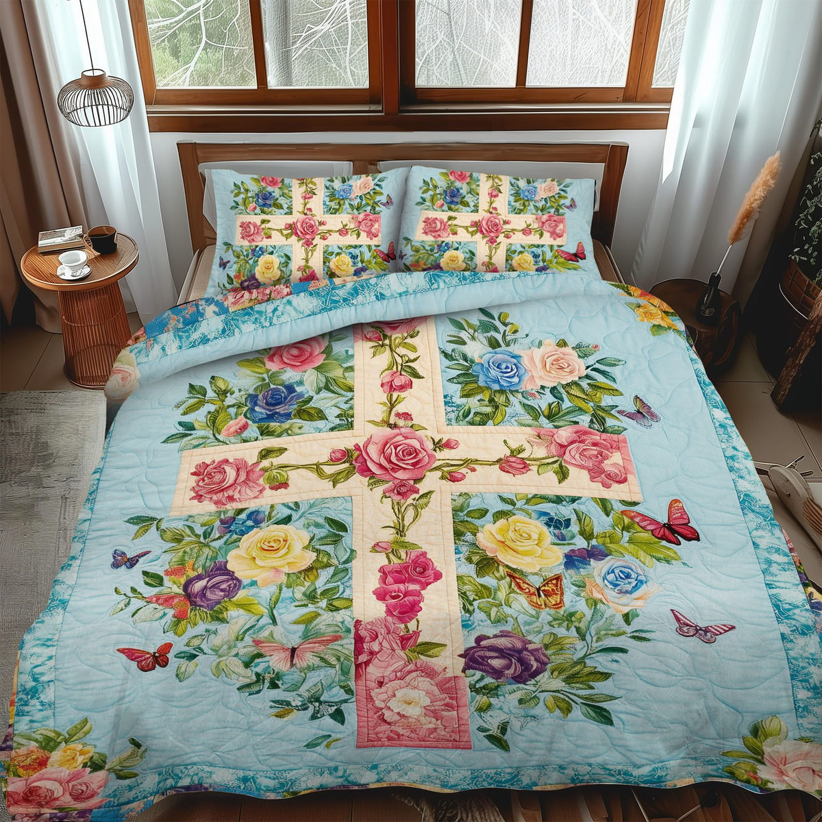 Harmonious Cross quilted 3-piece bedding set on a made bed in a softly lit bedroom
