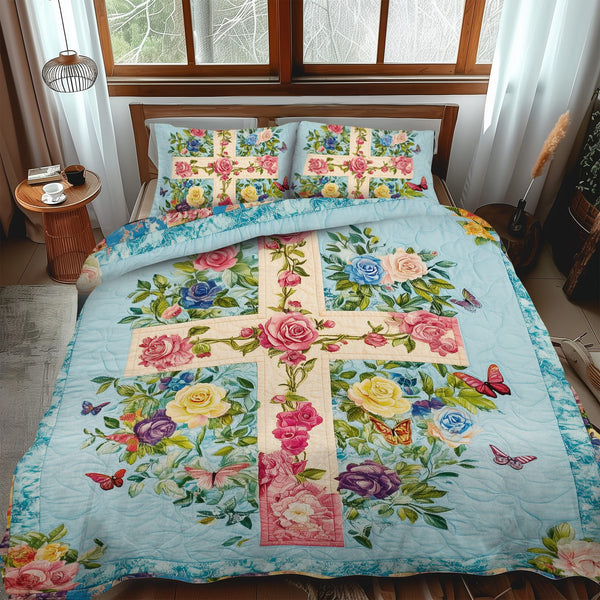 Harmonious Cross quilted 3-piece bedding set on a made bed in a softly lit bedroom