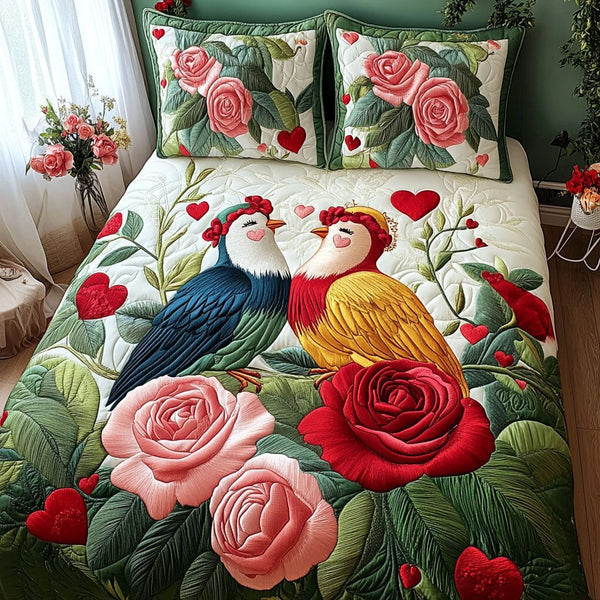 Harmonious Flight quilted 3-piece bedding set on a made bed with two matching pillow shams