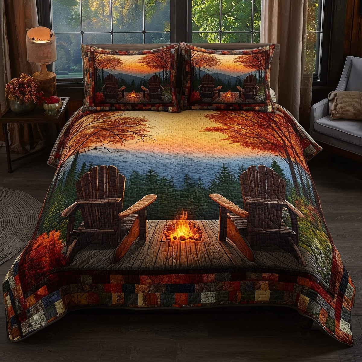 Harmony Autumn quilted 3-piece bedding set on a made bed with two matching pillow shams