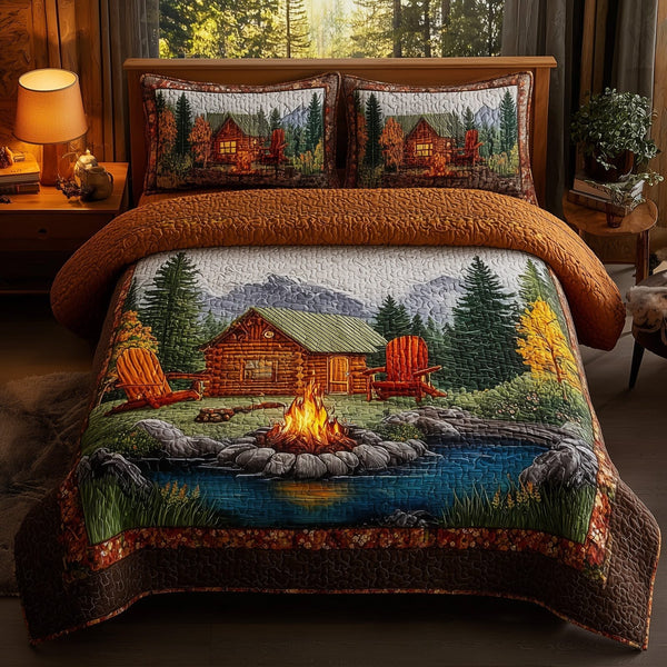 Harmony Autumn quilted 3-piece bedding set on a made bed with two matching pillow shams